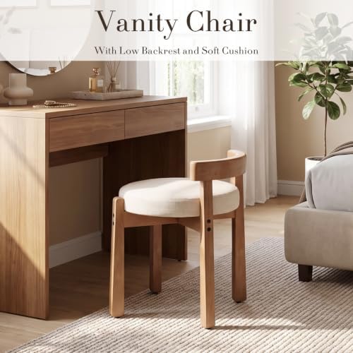 Ya-Home Modern Vanity Chair Upholstered Small Ottoman Footstool, Make Up Stool Linen Fabric with Backrest Wooden Frame for Living Room Bedrooms, 1PC, Beige