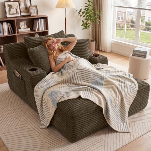 66" Chaise Lounge Chair Indoor, Corduroy Upholstered Reading Chair Oversized Boneless Chair with Deep Seat, Cloud Lounge Chair with 3 Pillows for Living Room, Bedroom, No Assembly Required