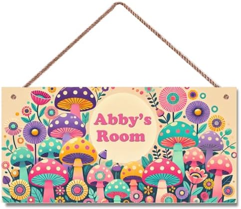 Personalized Name Wood Plaque Sign Mushroom Floral Rustic Door Sign Kids Room Nursery Wall Art Decor Customizable Plate for Son Daughter Baby Toddler Bedroom