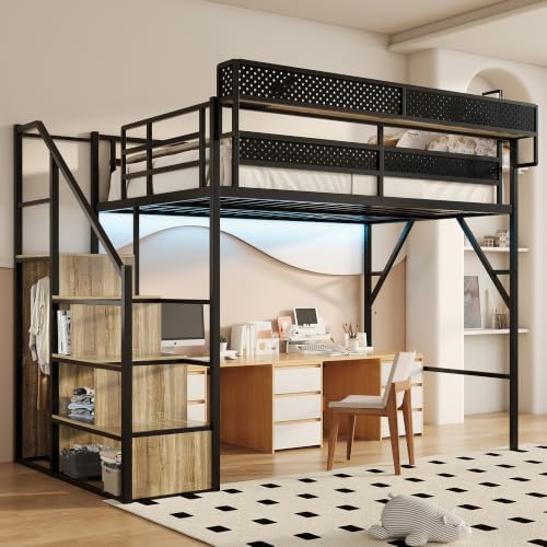 Full Size Metal Loft Bed with Storage Stairs, Wardrobe & Charging Station