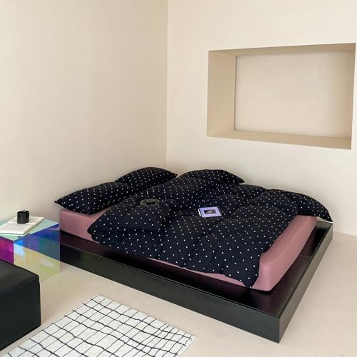 Polka Dot Twin XL Duvet Cover, 3 Piece 100% Cotton Jersey Knit Black Comforter Cover, Soft Modern Aesthetic Minimalist Bedding Set with Zipper & Corner Ties