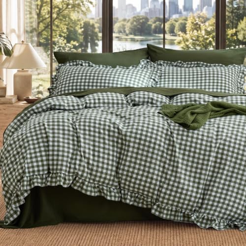 Bedsure Gingham Ruffle Duvet Cover Set, King, Cotton-Like Bed, Olive Green