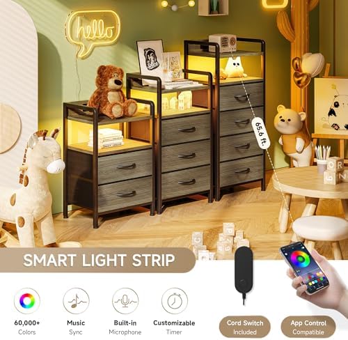 Lazzanto Nightstand with Rear Charging Station, LED Light, 4 Drawers, Grey