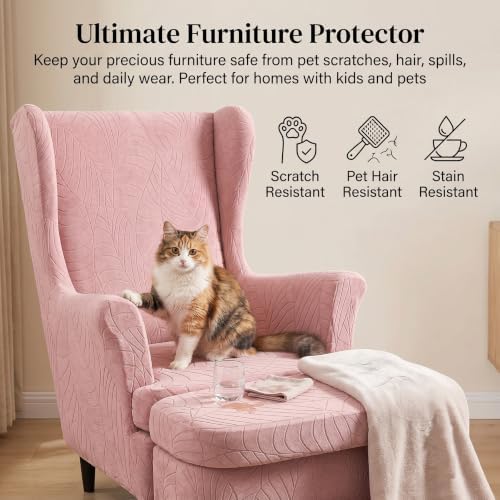 2 Piece Wingback Chair Cover Stretch Jacquard Wing Back Chair Slipcover with Armrest Washable Furniture Protector for Armchair Living Room Bedroom