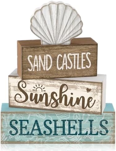 Yuntau 4 Pcs Summer Decorations for Home Beach Block Sign Seashell Display