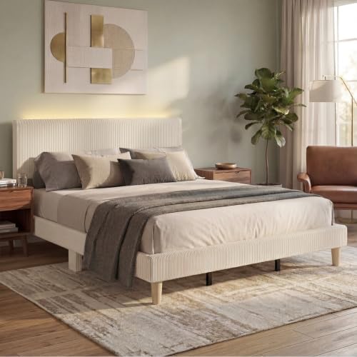Bestier King Size Bed Frame with Headboard LED Lighting,Upholstered,Beige