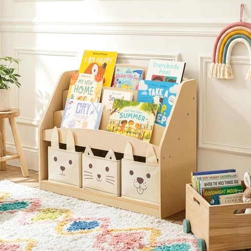 OOOK Kids Wooden Bookshelf with 3 Storage Box, 3-Tier Montessori Bookshelf