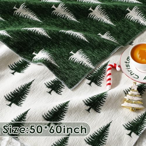 Hahafelt Green Christmas Tree Chenille Throw Blanket 50x60 Soft Couch