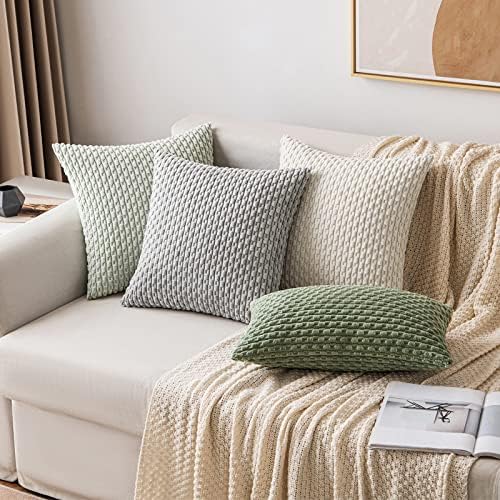 MIULEE Decorative Throw Pillow Covers 20x20 Light Green Textured Corduroy