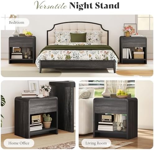AMERLIFE Nightstands Set of 2 with Storage Drawer & Shelves, Black