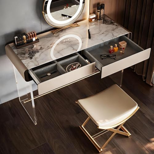 CHSSIH Vanity Stool Chair for Makeup - Small Backless Leather Stool, Gold