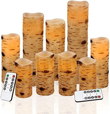 Vinkor Flameless Candles Battery Operated Candles Birch Effect 4" 5" 6" 7" 8" 9" Set of 9 Real Wax Pillar LED Candles with 10-Key Remote Control 2/4/6/8 Hours Timer