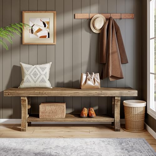 Solid Wood Storage Bench, Farmhouse Entryway Bench, Long Indoor Dining Seat for Hallway, Bedroom, Living Room, Dining Room, Easy Assembly, Dark Brown
