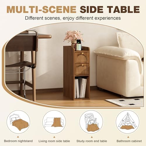 7.87" Narrow Nightstand, Fluted Slim Bedside Table with 2 Drawers, Mid Century Modern Small End Table with Gold Metal Handles, for Bedroom, Living Room & Small Spaces - Walnut