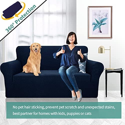 YEMYHOM Couch Cover Latest Jacquard Design High Stretch Sofa Covers for 2 Cushion Couch, Pet Dog Cat Proof Loveseat Slipcover Non Slip Magic Elastic Furniture Protector (Loveseat, Navy)