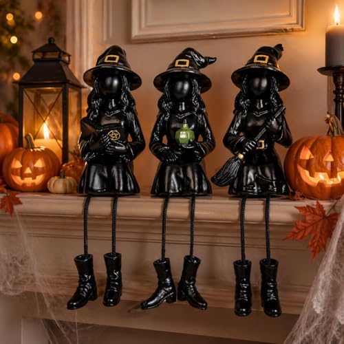 Dlfghos Halloween Decor Witch Figurines Set of 3, Halloween Indoor Decorations Witch Decor Resin Witch Statue for Table Desk Bookshelf Mantel Tiered Tray Spooky Halloween Decor Witch Gifts