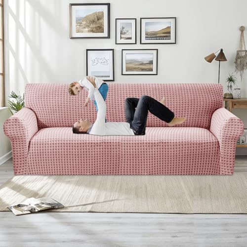 MAXIJIN Stretch Couch Cover Sofa Covers for 3 Cushion Couch (71"-91" Washable Sofa Slipcovers with Non-Slip Foam & Elastic Strap, Dog Cat Pet Friendly Furniture Protector (Large, Pink)