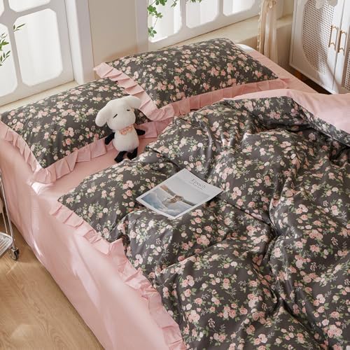 Vintage Floral Coquette Duvet Cover King, 3 Piece Blush Rose Cottagecore Flower Duvet Cover Romantic Ruffle Lace Bedding Set, 100% Cotton Chic Aesthetic Botanical Comforter Cover for Girls Women