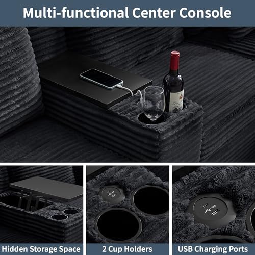 LEVNARY Modular Lift-Top Console with USB Charging and Cup Holders, Center Storage Module for Modular Reclining Sofa (Black)