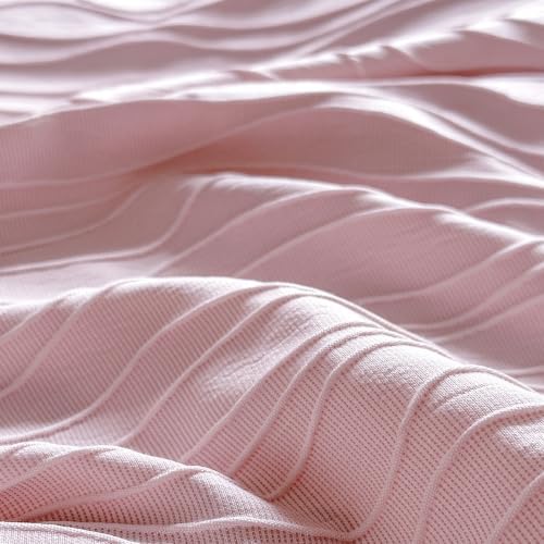 Cottagecore Ruffled TwinXL Duvet Cover Set Pink Wavy Jacquard Shabby Chic Bedding Set 3 Pieces, Microfiber Zipper Comforter Cover and 2 Pillowcases French Vintage Bedding Duvet Cover for All Seasons