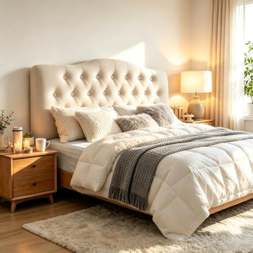 Mid-Rise Upholstered Headboard - Diamond Tufted - Adjustable Height from 34” to 43” - Easy Assembly - Bed Frame - Sturdy - Stone - King Size