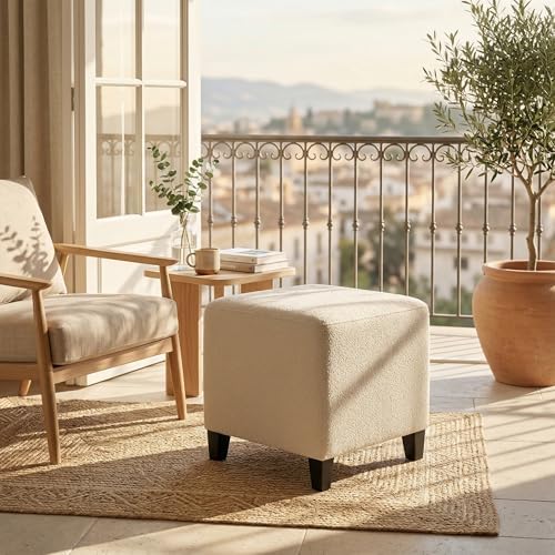 Joveco 16.3" Square Cube Ottoman, Modern Linen Fabric Foot Stool with Solid Wood Legs, Cream White Padded Footrest & Vanity Seat for Living Room, Bedroom, Entryway Shoe Bench