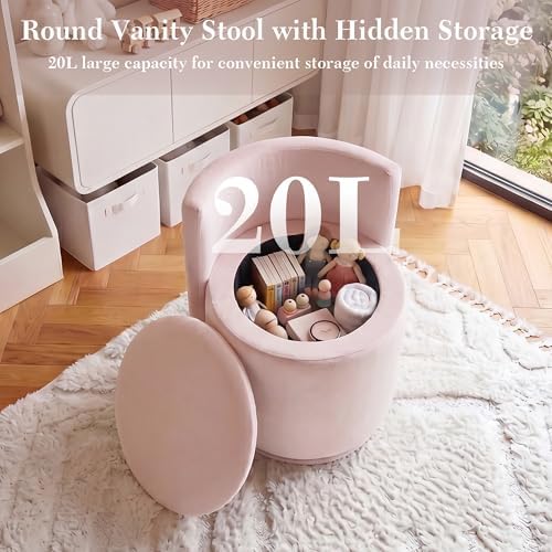 FOXHUNTER Vanity Stool with Storage, 360° Swivel Accent Chair, Velvet Pink