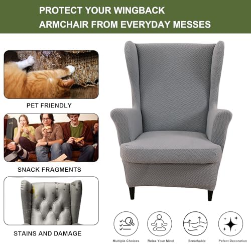 HAOYONG Jacquard Wingback Chair Cover Thickening Armchair Covers 2 Pieces Wingback Chair Slipcover Stretch Chair Slipcovers Removable Non-Slip Armchair Protector Cover with Elastic Bottom