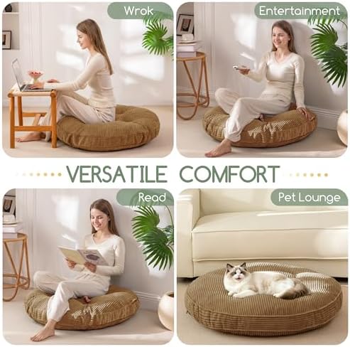 HIGOGOGO 35" Floor Pillow Cushion for Adults, Meditation Cushion Pillow, Extra Large Square Floor Sitting, Tufted Corduroy Cover for Tatami Living Room or Yoga, Coffee