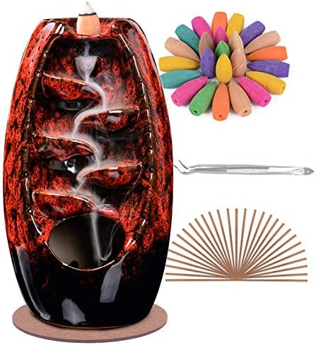 SPACEKEEPER Ceramic Backflow Incense Holder Waterfall Incense Burner, Red