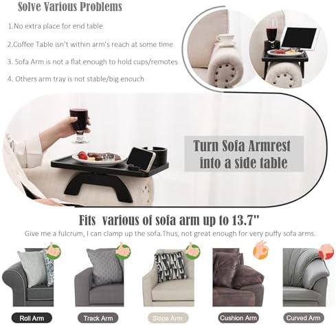 Nnewvante Couch Armrest Table 3 in 1 Bamboo Sofa Arm Clip-on Tray, Black