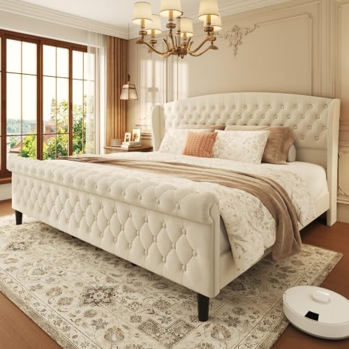 HISOFT King Platform Bed Frame, Velvet Upholstered Sleigh Bed with Wingback Tufted Headboard and Footboard, Noise-Free Design, Easy Assembly, No Box Spring Needed, Light Beige