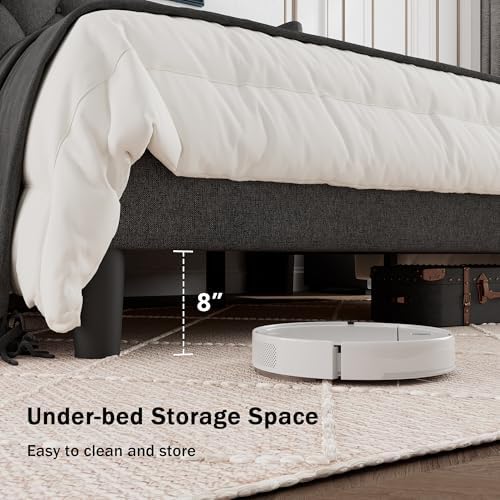 GalnFu Queen Size Bed Frame with Button Tufted Headboard, Upholstered Platform Bed Frame with UnderBed Storage, Wooden Slats Supports, Noise Free, No Box Spring Needed, Easy Assembly, Dark Grey