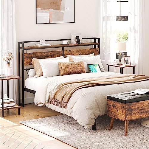 HOOBRO Headboard Queen Size, Headboard with 2 Outlets and 4 USB Ports, Adjustable Height, Storage Rack, Sturdy and Stable, Easy Assembly, Rustic Brown and Black