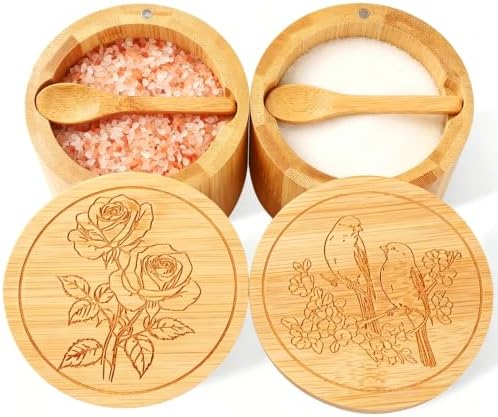 Timtopno Salt Cellar, 2PCS Salt Container Bamboo Salt and Pepper Box for Countertop with Built-in Spoon & Swivel Lid, Spice Seasoning Storage Bowl, Elegant Salt Holder (Rose & Bird Engraving)