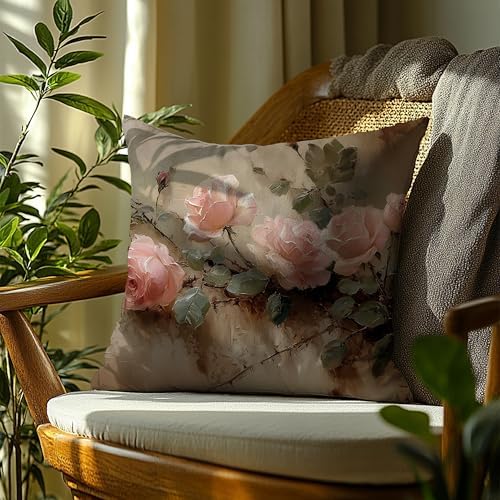 Vintage Moody Pink Rose Floral Pillow Cover 18x18 Double-Sided, French Country Farmhouse Pink Flower Throw Pillow Cover Case for Home Bedroom Living Room