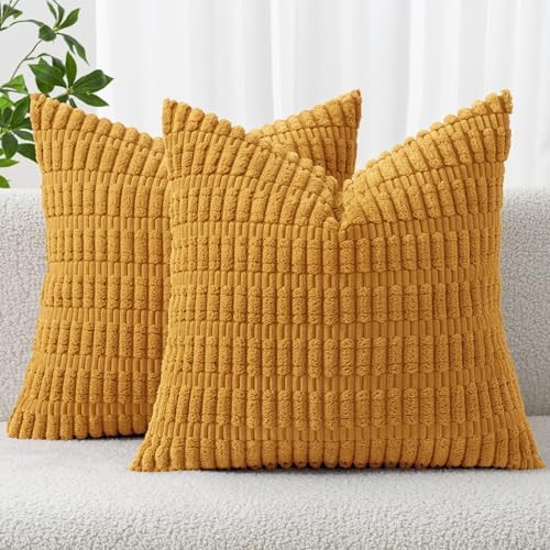 MIULEE Corduroy Decorative Throw Pillow Covers 18x18 Gold Yellow Pack of 2