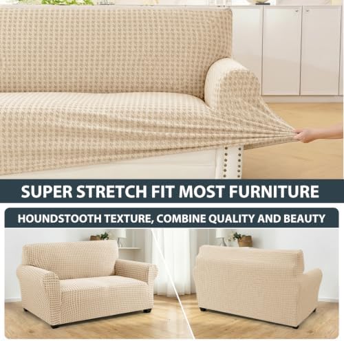 ZNSAYOTX 1 Piece Stretch Loveseat Cover (55"-71") New-Houndstooth Texture, Thick Sofa Covers for 2 Cushion Couch Universal Sofa Slip Cover with Elastic Bottom & Buckle, Soft Protector Khaki