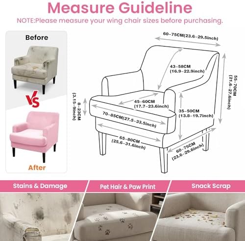 Mid-Century Accent Chair Covers with Cushion Cover Velvet 2 Pieces Upholstered Armchair Slipcovers for Living Room Comfy Sofa Reading Furniture Protector for Apartment Bedroom Office (Pink)