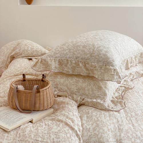 AOJIM Floral Print Kids Duvet Cover Twin Size, 3-Piece Super Soft 2-Layer Gauze Muslin Cotton Ruffled Bedding Set - Vintage Zipper Comforter Cover & 2 Pillowcases, Forest Themed Patterns, Easy Care