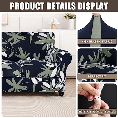 SearchI Stretch Sofa Cover Printed Couch Covers, Floral Pattern 2 Piece Armchair Slipcover with Separate Chair Cushion Cover, Washable Furniture Protector for Living Room(Chair, Navy Blue)