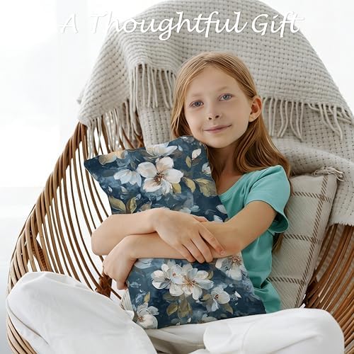 Vintage White Magnolia Floral Pillow Cover 12x20, Navy Blue Moody Cottagecore Wildflower Botanical Decorative Lumbar Pillow Cover for Couch Bed Living Room Bedroom