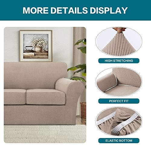 Turquoize 3 Piece Sofa Covers for 2 Cushion Couch Sofa Slipcover Soft Couch Cover for Dogs-Washable Sofa Furniture Covers with 2 Individual Cushion Covers, Thick Jacquard Fabric (Loveseat, Sand)