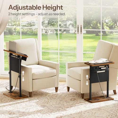 HOOBRO Side Table, Narrow End Table with Charging Station, Height Adjustable Side Table, Tiltable Surface, Storage Bag, Nightstand for Small Spaces, Living Room, Rustic Brown and Black BF435UBZ01