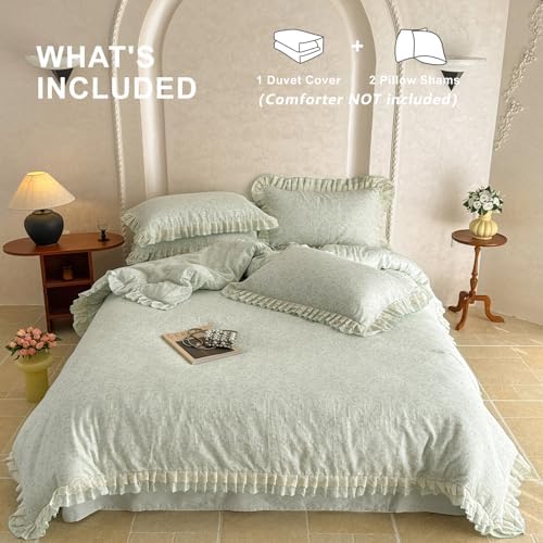 Floral Duvet Cover Set Muslin Cotton Queen(90"x90"),Sage Green