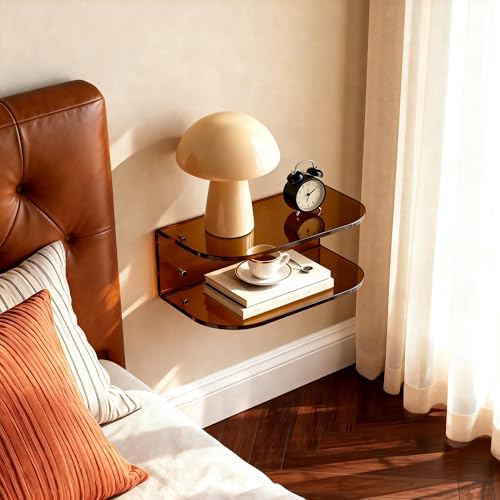 Acrylic Floating Nightstand, Wall Mounted Bedside Table Shelf (Dark Brown, 15.7”×9.4“×5.9”)