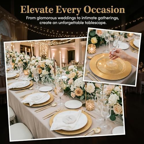 Hiceeden 12 Pack Gold Charger Plates for Dinner Plates, 13" Round Plastic Chain Shaped Charger Service Plates, Decorative Chargers Bulk for Table Setting, Wedding, Party, Event