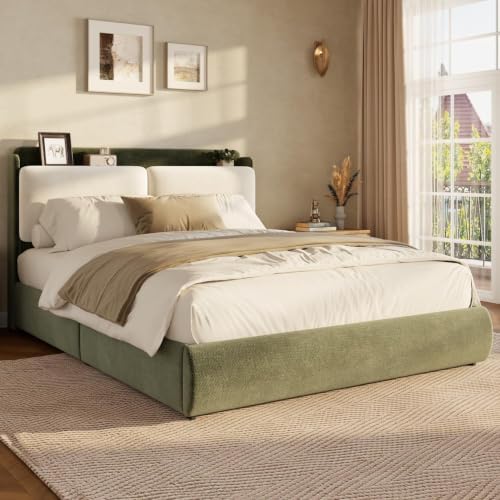 Garvee Full Upholstered Bed Frame with Recessed Shelf- Green & Beige