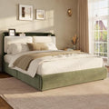 Garvee Full Upholstered Bed Frame with Recessed Shelf- Green & Beige