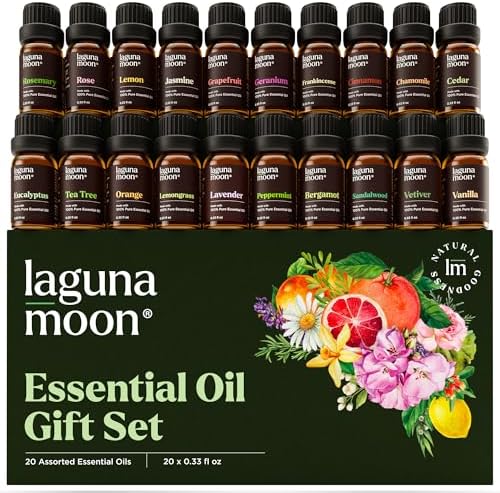 Lagunamoon Essential Oils Set, Top 20 Gift Set Oils for Diffusers, Humidifiers, Aromatherapy, Candle Making Scents, Cars & Home Products, Peppermint, Tea Tree, Lavender, Eucalyptus, Lemongrass (10mL)